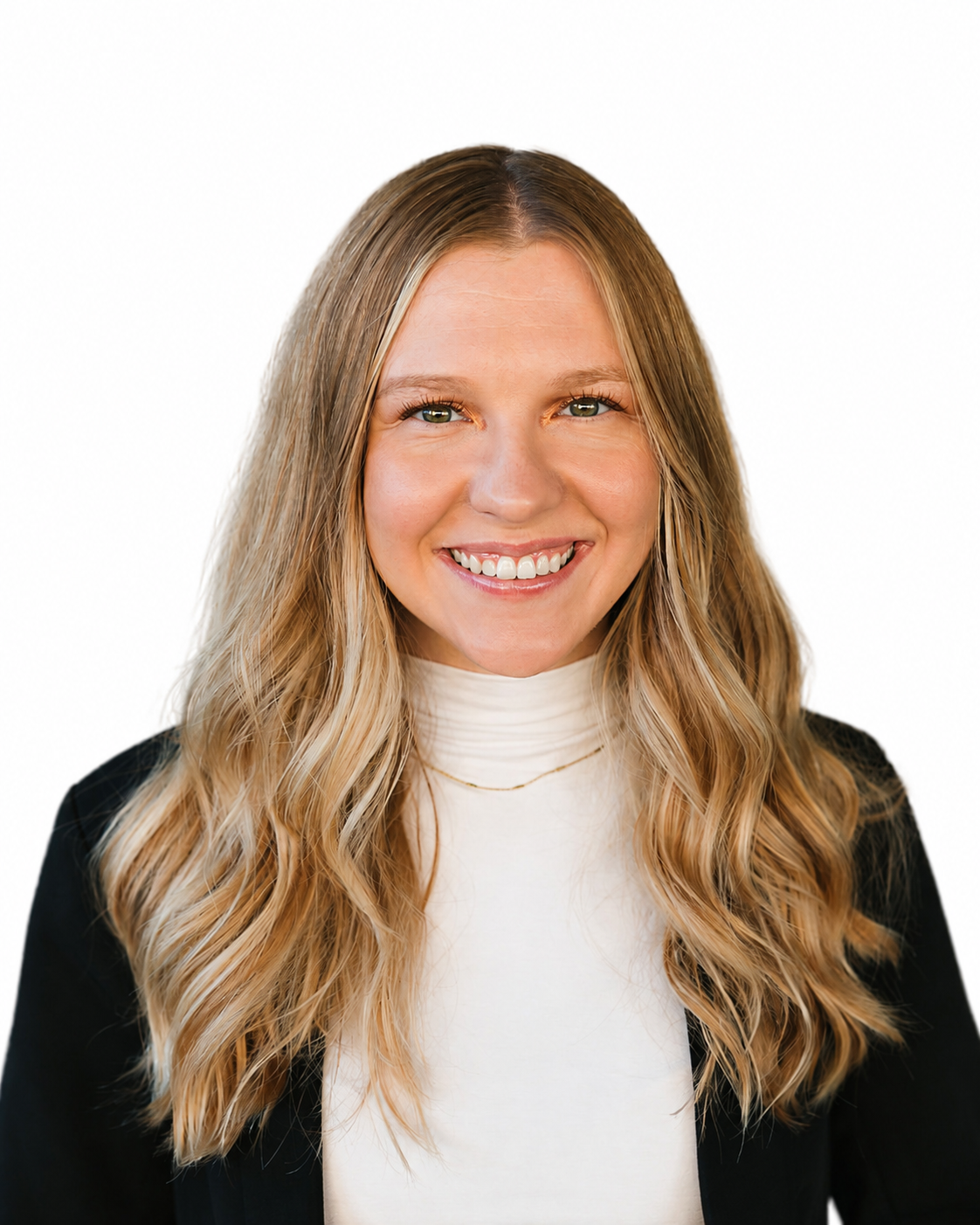 Portrait of Zhenya Gololobova smiling, in a cream turtleneck and black blazer